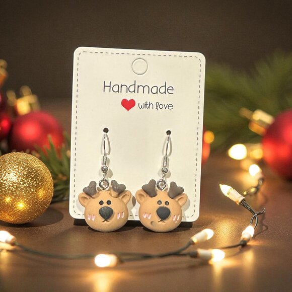 Handmade Reindeer Earrings | Christmas Earrings | Polymer Clay Holiday Jewelry - Picture 2 of 7